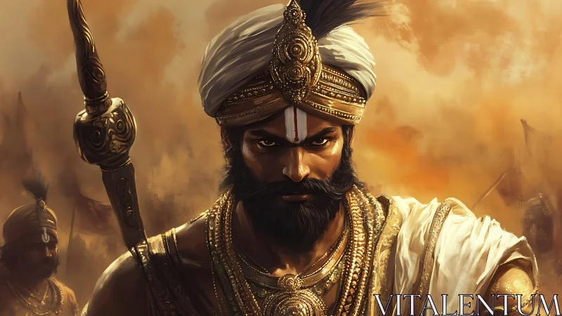 Warrior king in molten dusk, resolve bright as burning steel.