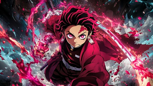 Anime swordsman advances through radial energy burst field