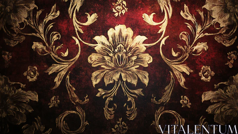 Baroque floral damask glows over distressed crimson ground