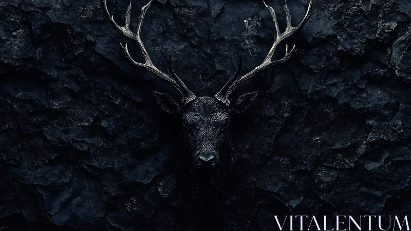 Midnight stag emerging from shadowed stone depths.