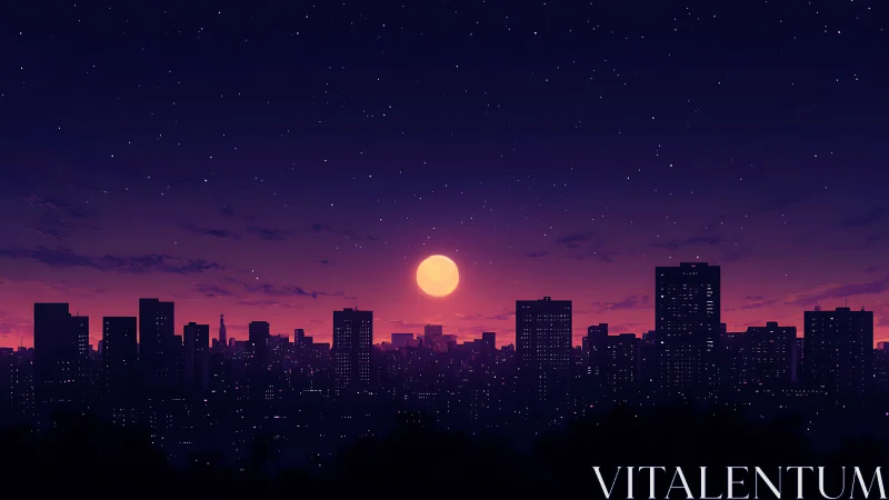 Moonlit city skyline under violet twilight sky.