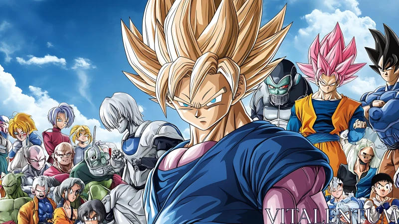 Powerful anime warriors stand united under bright blue skies