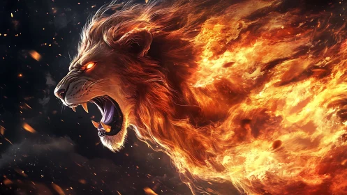 Blazing lion spirit roaring through a storm of living fire.