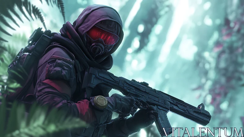 Hooded armed figure in dense misty forest environment.