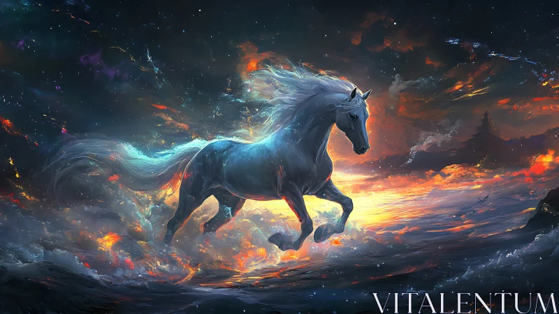 Starlit spirit horse galloping through a glowing cosmic surf.
