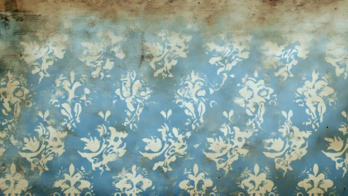 Vintage blue damask wall with distressed faded texture.