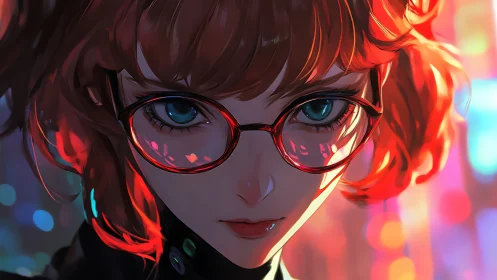 Neon-lit redhead with glasses in intense anime close-up.