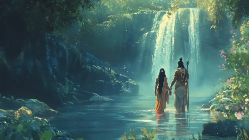 Mythic couple in volumetric forest light at cascading waterfall.