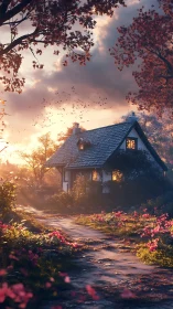 Golden hour warms a quiet cottage nestled in blooming woods