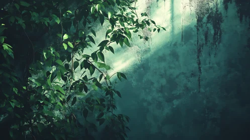 Overgrown wall with climbing vegetation and weathered surface.