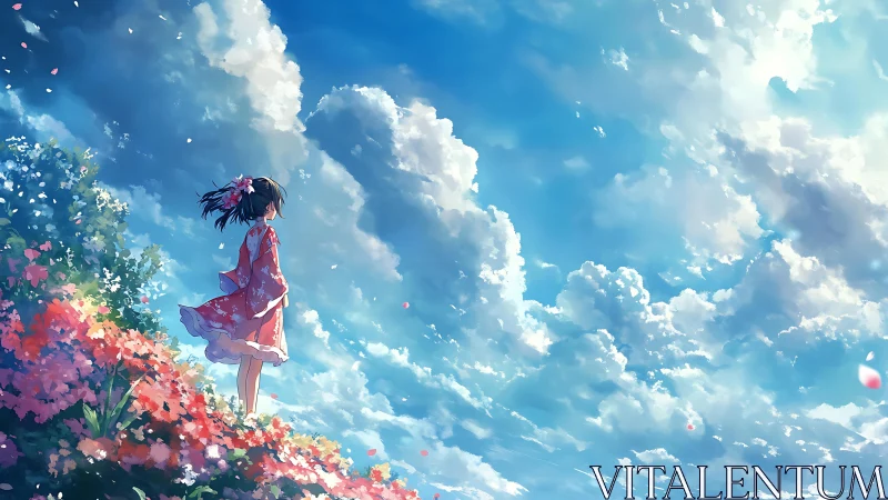 Anime girl on flower hill under vast cloudy sky panorama.