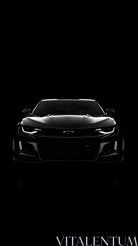 Frontlit Chevrolet performance coupe in low-key black field.