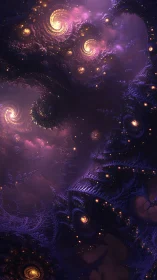 Fractal nebula spirals glow within deep violet cosmic void