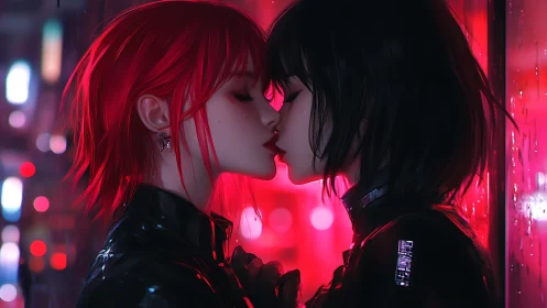 Neon city kiss beneath glowing rain-drenched windows.