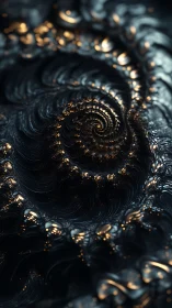 Metallic fractal spiral glows through dark sculpted waves.