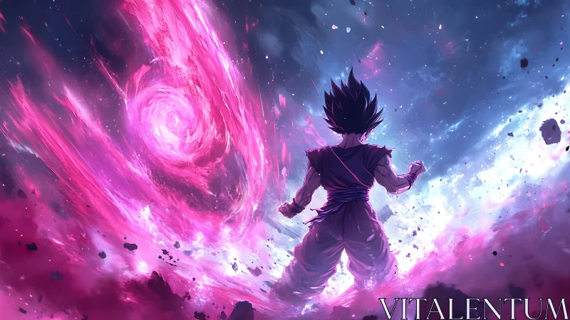 Warrior confronts swirling cosmic vortex in radiant void