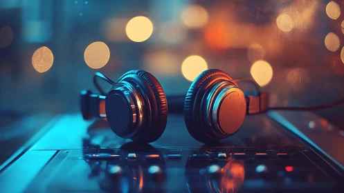 Studio headphones rest on DJ mixer under neon bokeh lights
