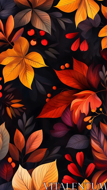 Autumn foliage pattern with stylized leaves on dark ground.