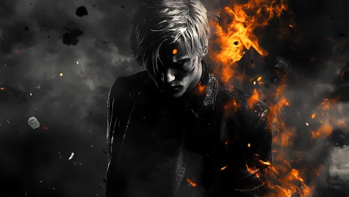 Solitary male figure amid dense smoke and rising flames.