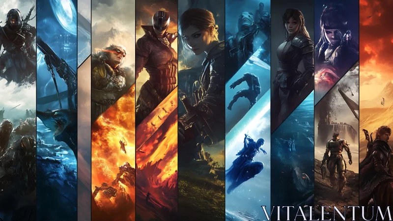 Segmented sci fi warriors in contrasting elemental battlegrounds.