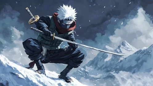Anime shinobi swordsman in dynamic alpine battle stance.