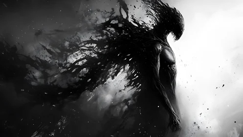 Entropic shadow entity dissolving into turbulent monochrome fields.