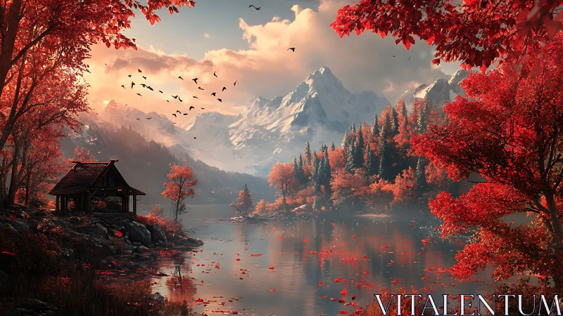 Crimson mountain lake refuge under drifting autumn embers.