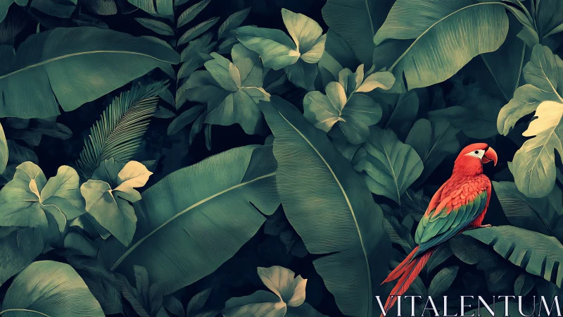 Scarlet macaw sits among dense stylized jungle foliage