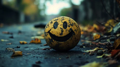 Grinning stray smiley ball resting in a rain-darkened street.