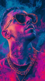 Neon thermal-style portrait of sunglasses wearer in vapor field.