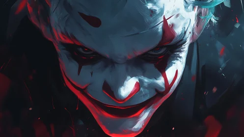 Sinister clown portrait in high-contrast red cyan lighting.