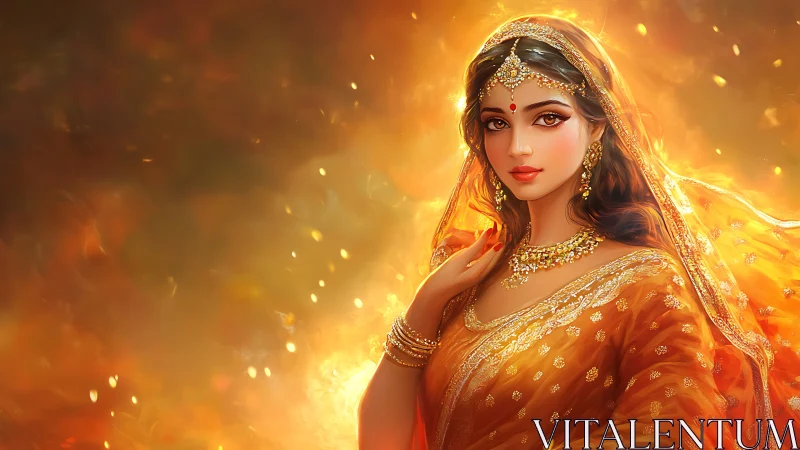 Golden dusk bride glowing in saffron silk and starlit jewels.