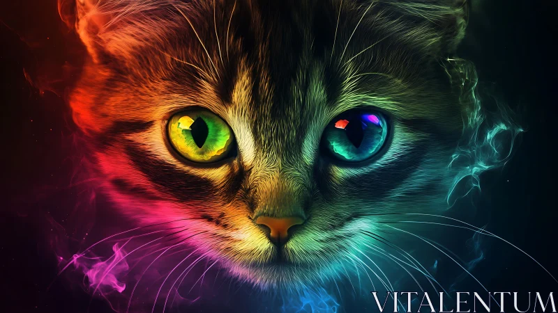 Neon Cat Face with Heterochromatic Eyes.