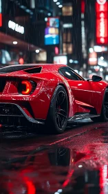 Red sports car in wet neon lit night city street scene.