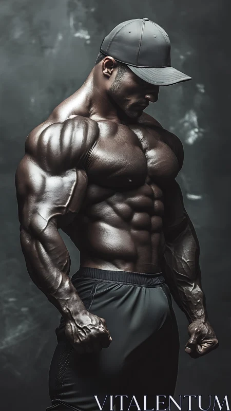 Muscular male bodybuilder in cap against dark studio backdrop.