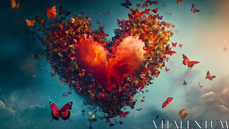 Heart Formed From Flying Butterflies Against Teal Sky