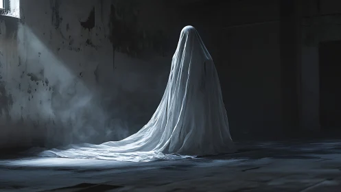 Figure under draped white sheet in dim abandoned interior.