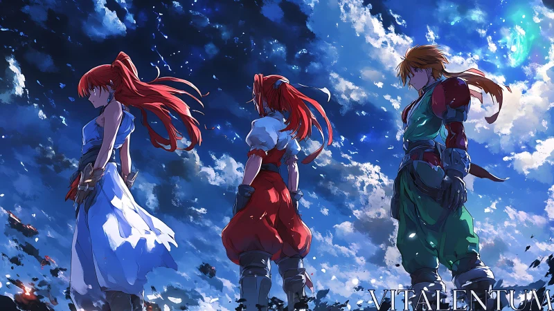 Anime heroes stand beneath vast celestial skyscape.