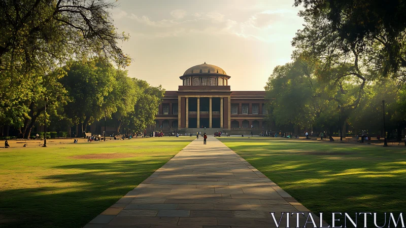 Symmetrical campus lawn converges on domed neoclassical library façade