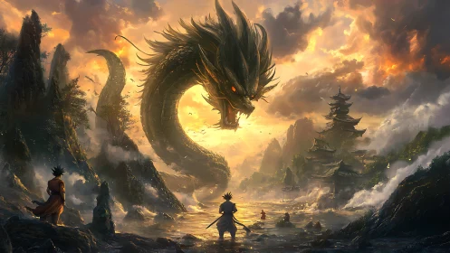 Giant dragon confronts warriors in misty river valley at dusk