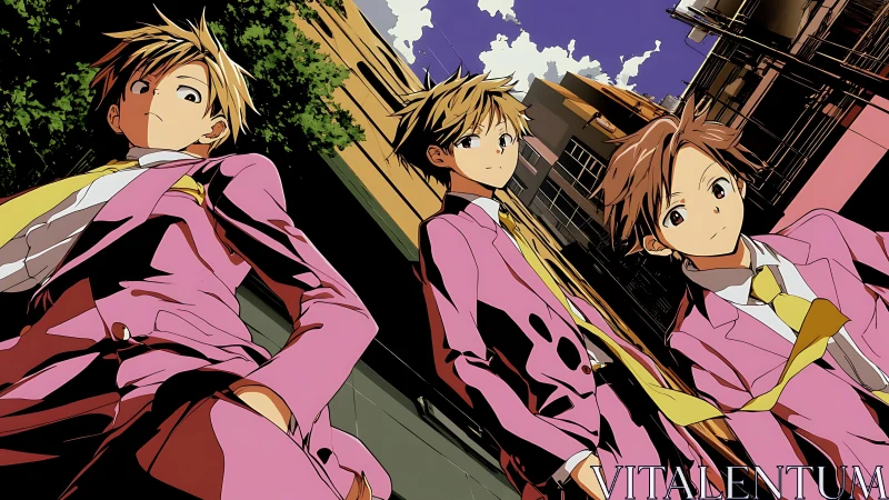 Anime students in pink suits stride through urban canyon.