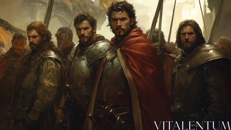 Defiant medieval commander leads armored warriors to war