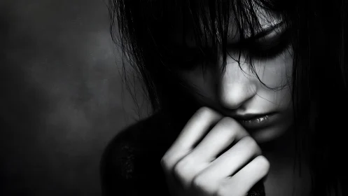 Melancholic portrait in deep shadow and quiet reflection.