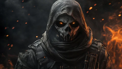 Armored skull-masked warrior emerges through burning embers
