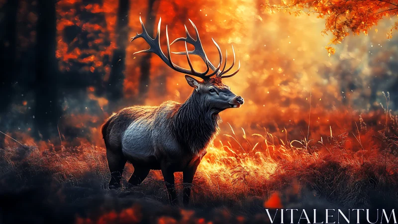 Majestic stag glows in a warm, fiery autumn forest light