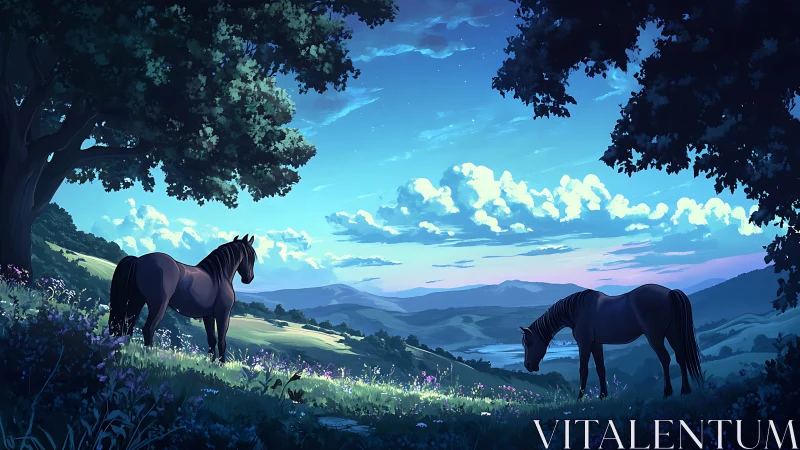Twilight horses overlooking luminous valley under azure sky.