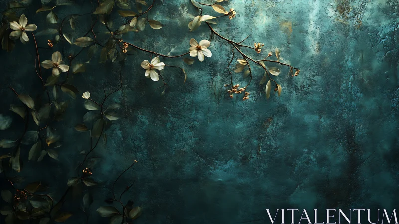 White Flowers on Textured Teal Surface with Decay