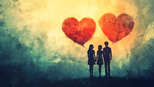 Three Silhouetted Figures with Dual Illuminated Hearts in Ethereal Atmospheric Gradient