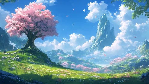Digital painting of sakura valley with monumental peak panorama.