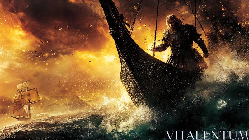 Armored Viking helms ornate longship through turbulent, backlit storm